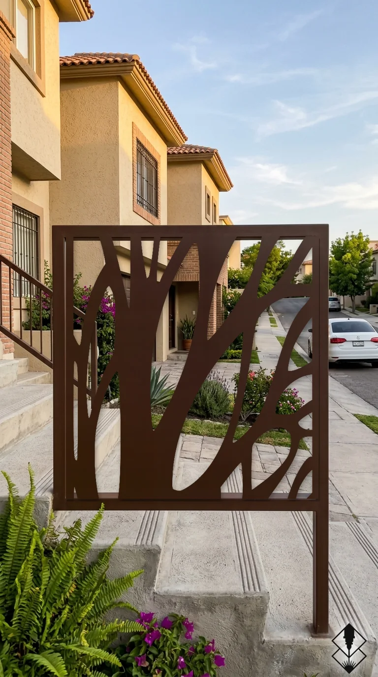 Celosía Arbol en barandal chocolate, corte láser CNC en acero · Prometeus