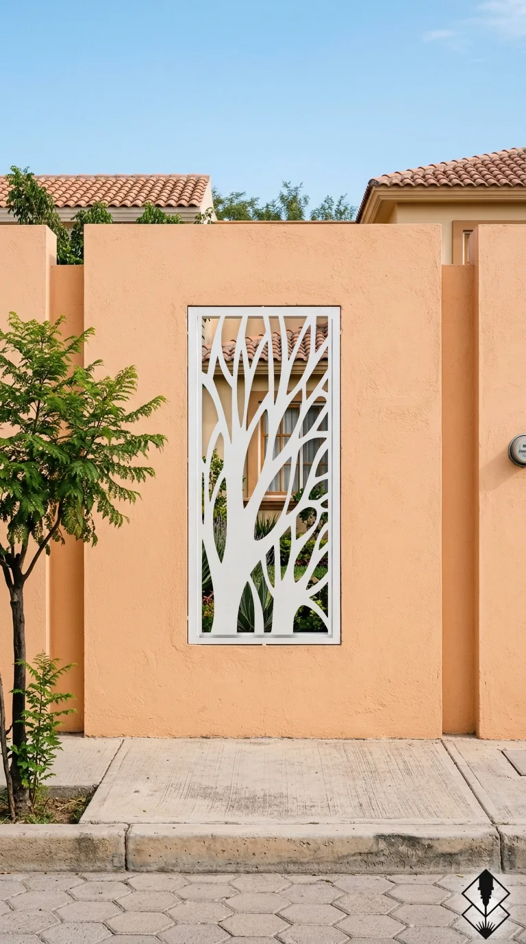 Celosía Arbol en mampara de exterior blanco, corte láser CNC en acero · Prometeus