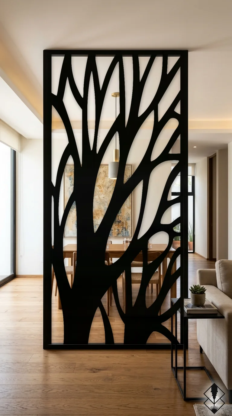 Celosía Arbol en mampara negro, corte láser CNC en acero · Prometeus