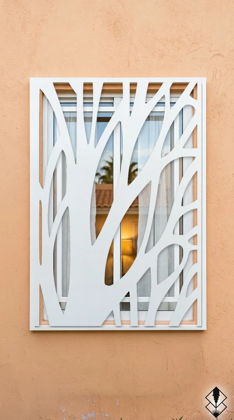 Celosía Arbol en protección de ventana blanco, corte láser CNC en acero · Prometeus