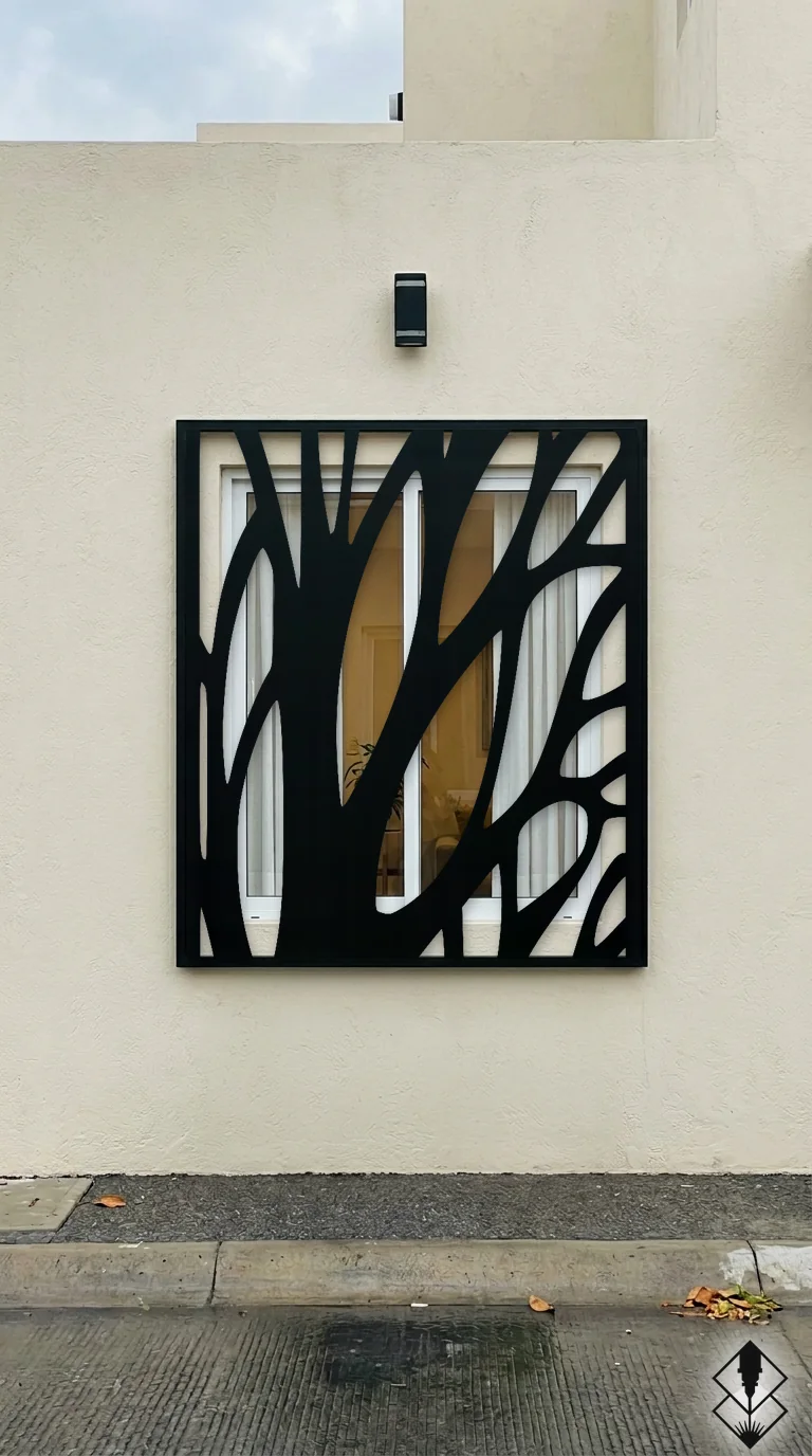 Celosía Arbol en protección de ventana negro, corte láser CNC en acero · Prometeus