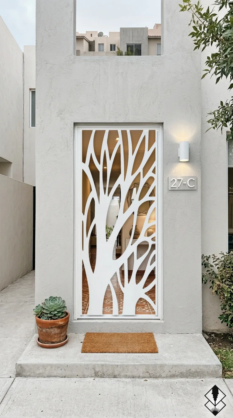 Celosía Arbol en puerta blanco, corte láser CNC en acero · Prometeus