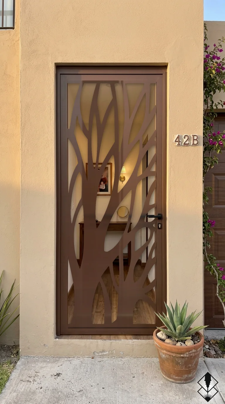 Celosía Arbol en puerta chocolate, corte láser CNC en acero · Prometeus