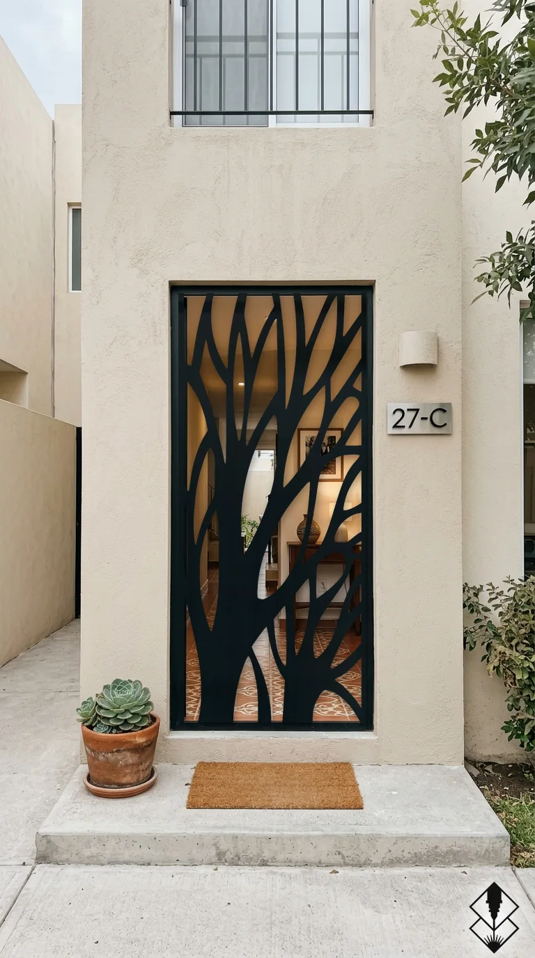 Celosía Arbol en puerta negro, corte láser CNC en acero · Prometeus