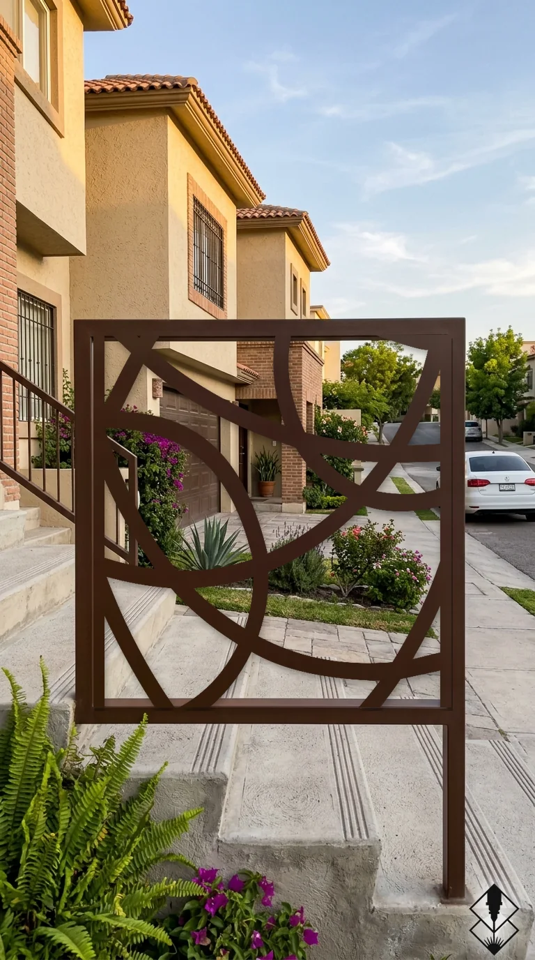 Celosía Arcos Delgados en barandal chocolate, corte láser CNC en acero · Prometeus