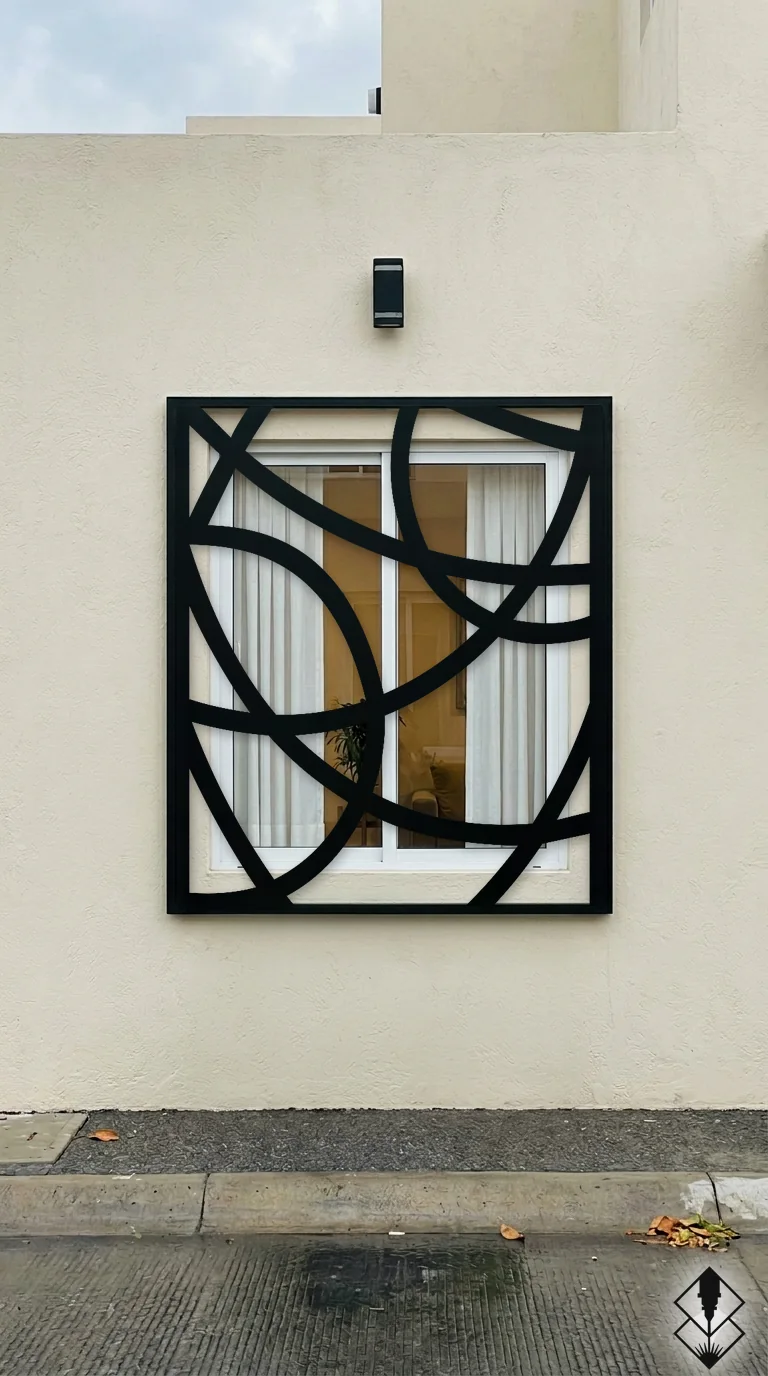 Celosía Arcos Delgados en protección de ventana negro, corte láser CNC en acero · Prometeus