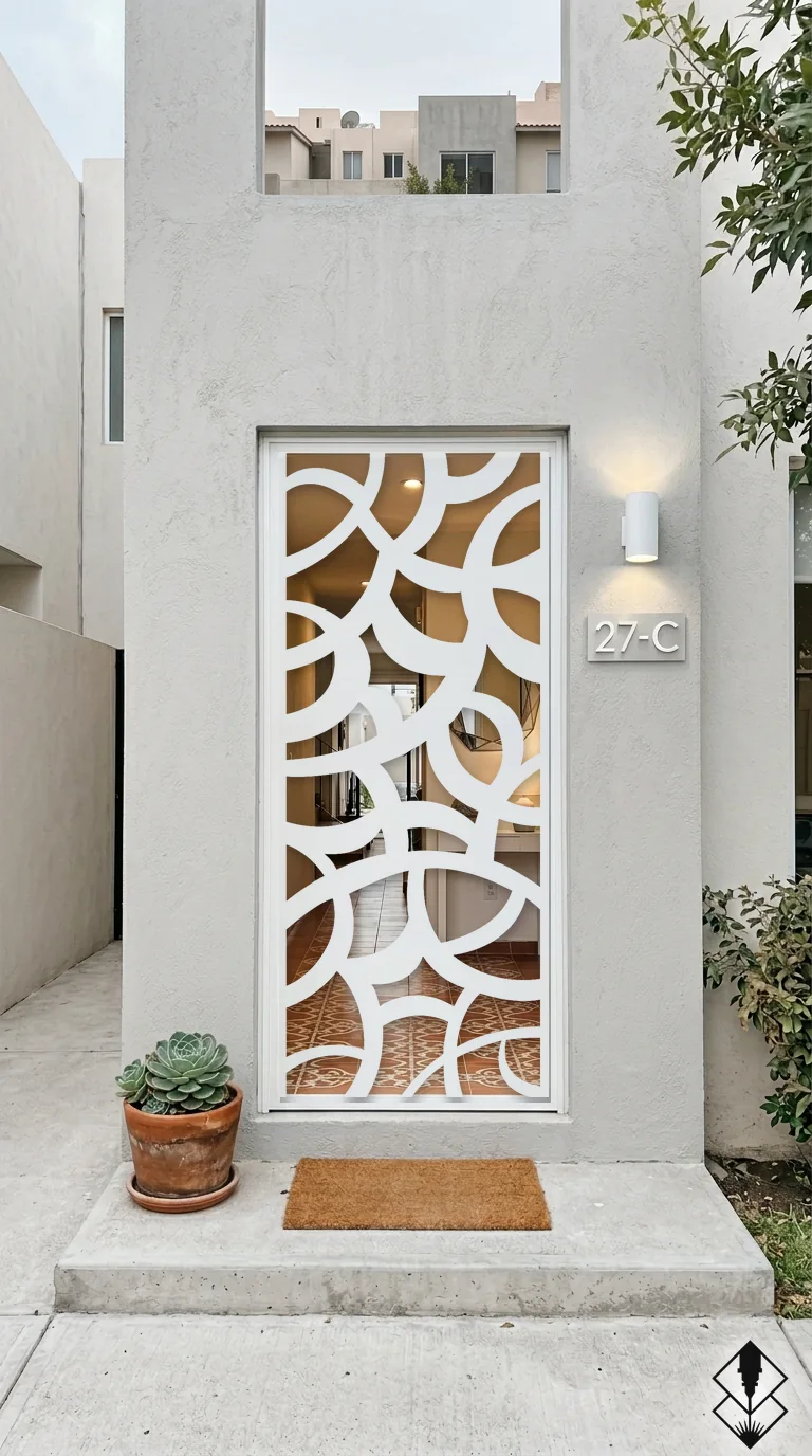 Celosía Arcos Grueso en puerta blanco, corte láser CNC en acero · Prometeus