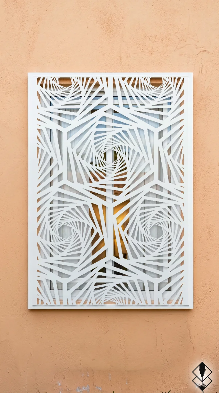 Celosía Arquimides en protección de ventana blanco, corte láser CNC en acero · Prometeus