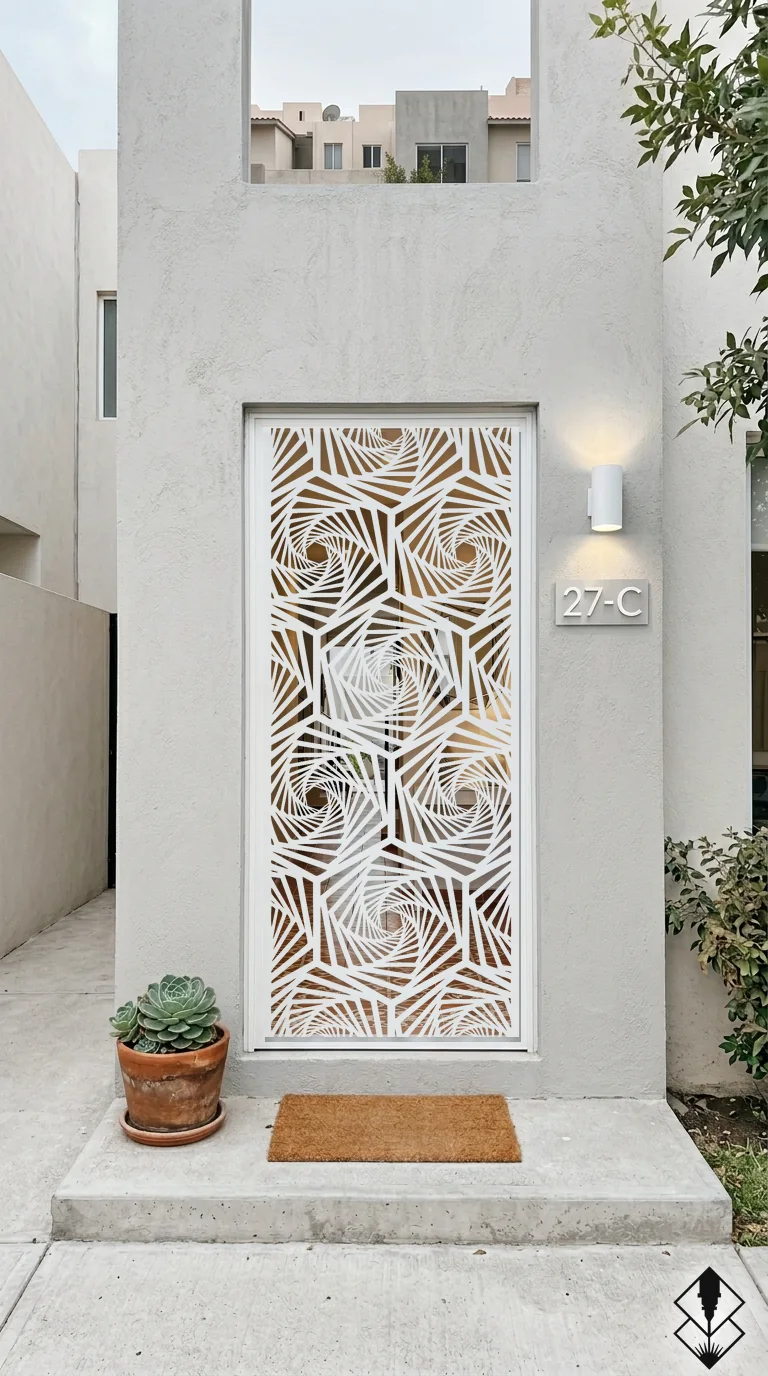 Celosía Arquimides en puerta blanco, corte láser CNC en acero · Prometeus