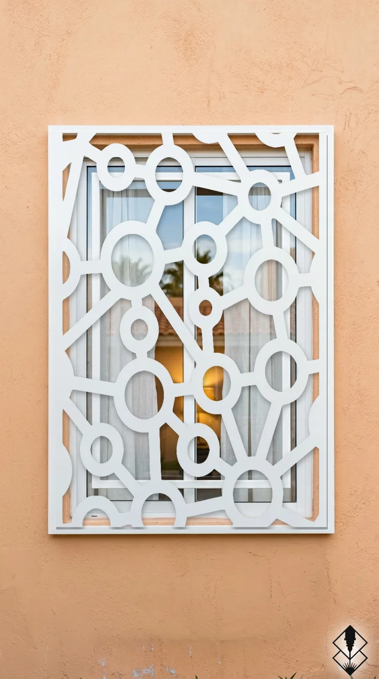 Celosía Atomos en protección de ventana blanco, corte láser CNC en acero · Prometeus