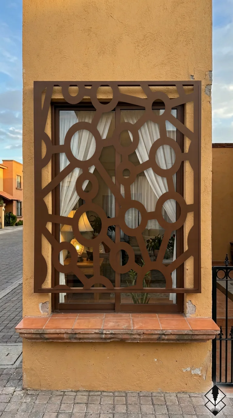 Celosía Atomos en protección de ventana chocolate, corte láser CNC en acero · Prometeus