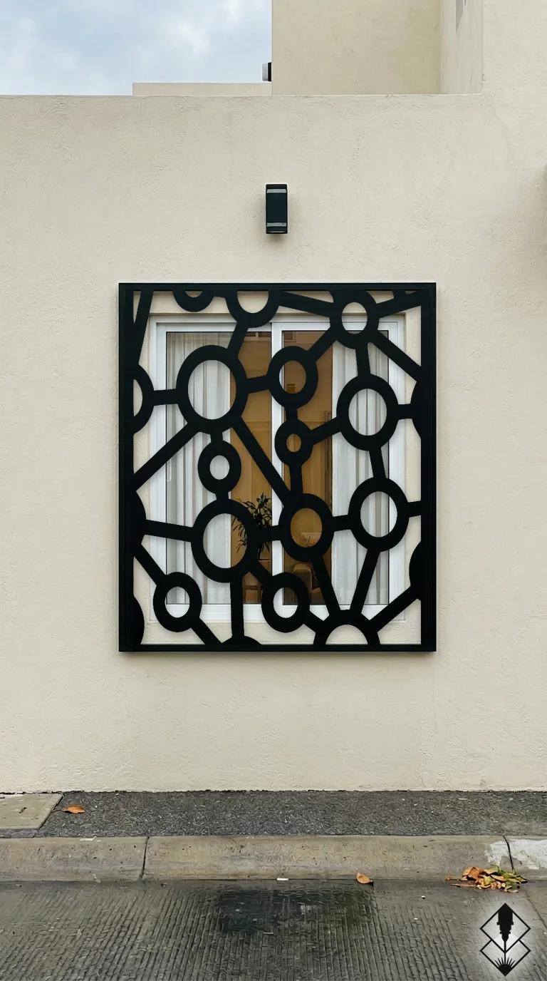 Celosía Atomos en protección de ventana negro, corte láser CNC en acero · Prometeus