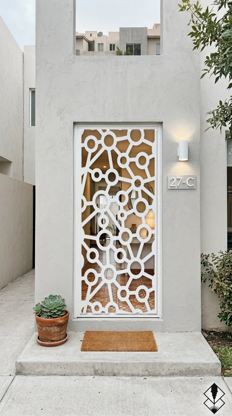 Celosía Atomos en puerta blanco, corte láser CNC en acero · Prometeus