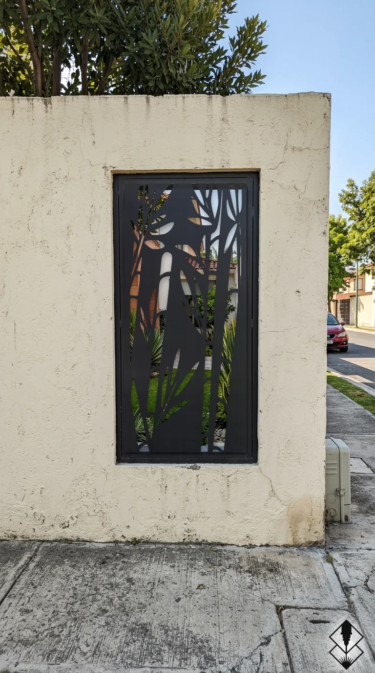 Celosía Bambu en mampara de exterior negro, corte láser CNC en acero · Prometeus