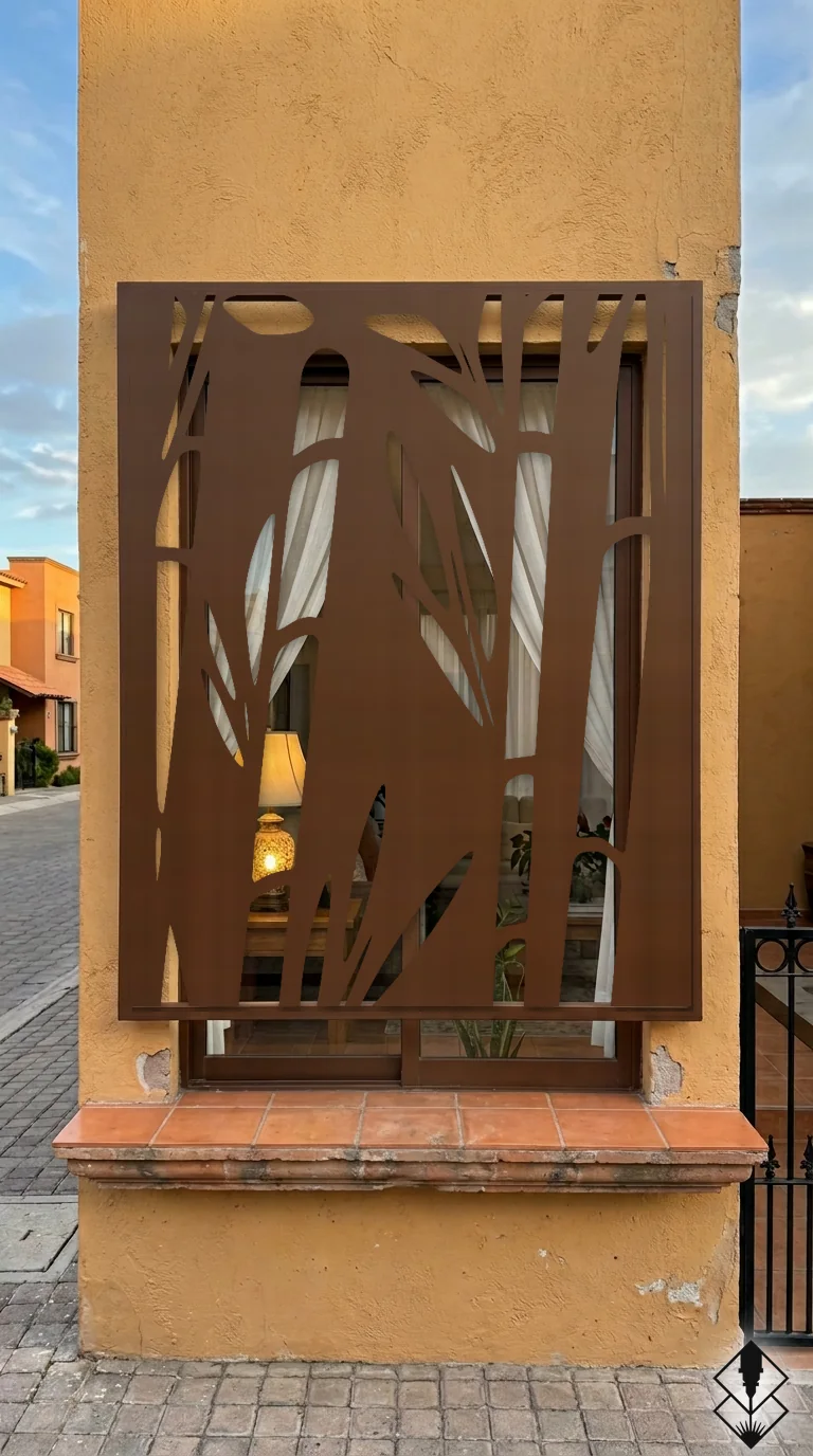 Celosía Bambu en protección de ventana chocolate, corte láser CNC en acero · Prometeus