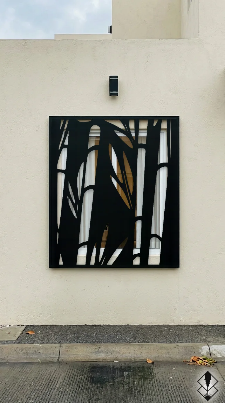 Celosía Bambu en protección de ventana negro, corte láser CNC en acero · Prometeus
