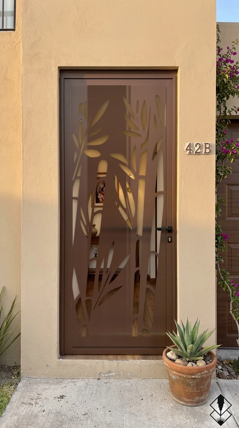 Celosía Bambu en puerta chocolate, corte láser CNC en acero · Prometeus