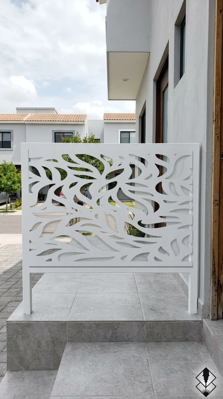 Celosía Botanico en barandal blanco, corte láser CNC en acero · Prometeus