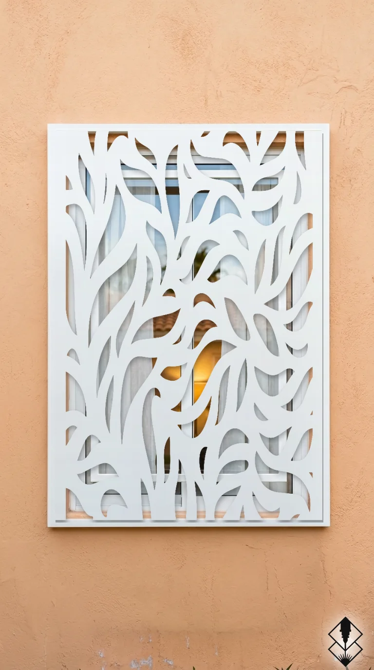 Celosía Botanico en protección de ventana blanco, corte láser CNC en acero · Prometeus