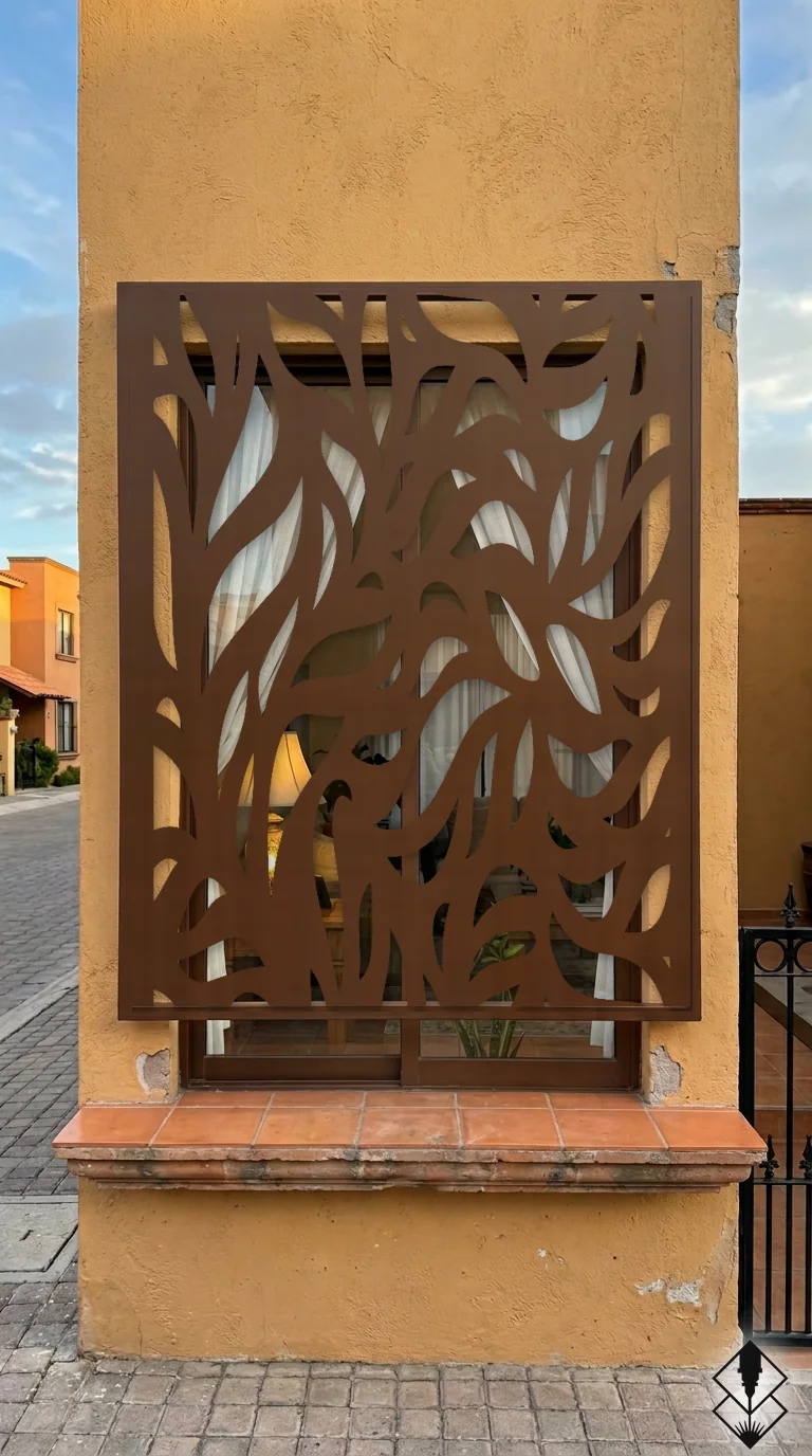 Celosía Botanico en protección de ventana chocolate, corte láser CNC en acero · Prometeus