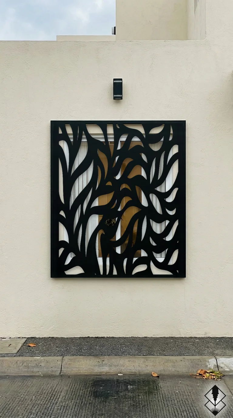 Celosía Botanico en protección de ventana negro, corte láser CNC en acero · Prometeus