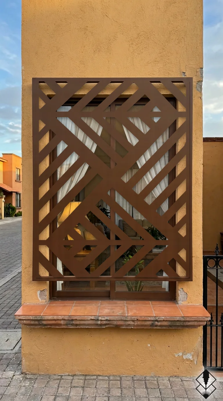 Celosía Bruselas en protección de ventana chocolate, corte láser CNC en acero · Prometeus
