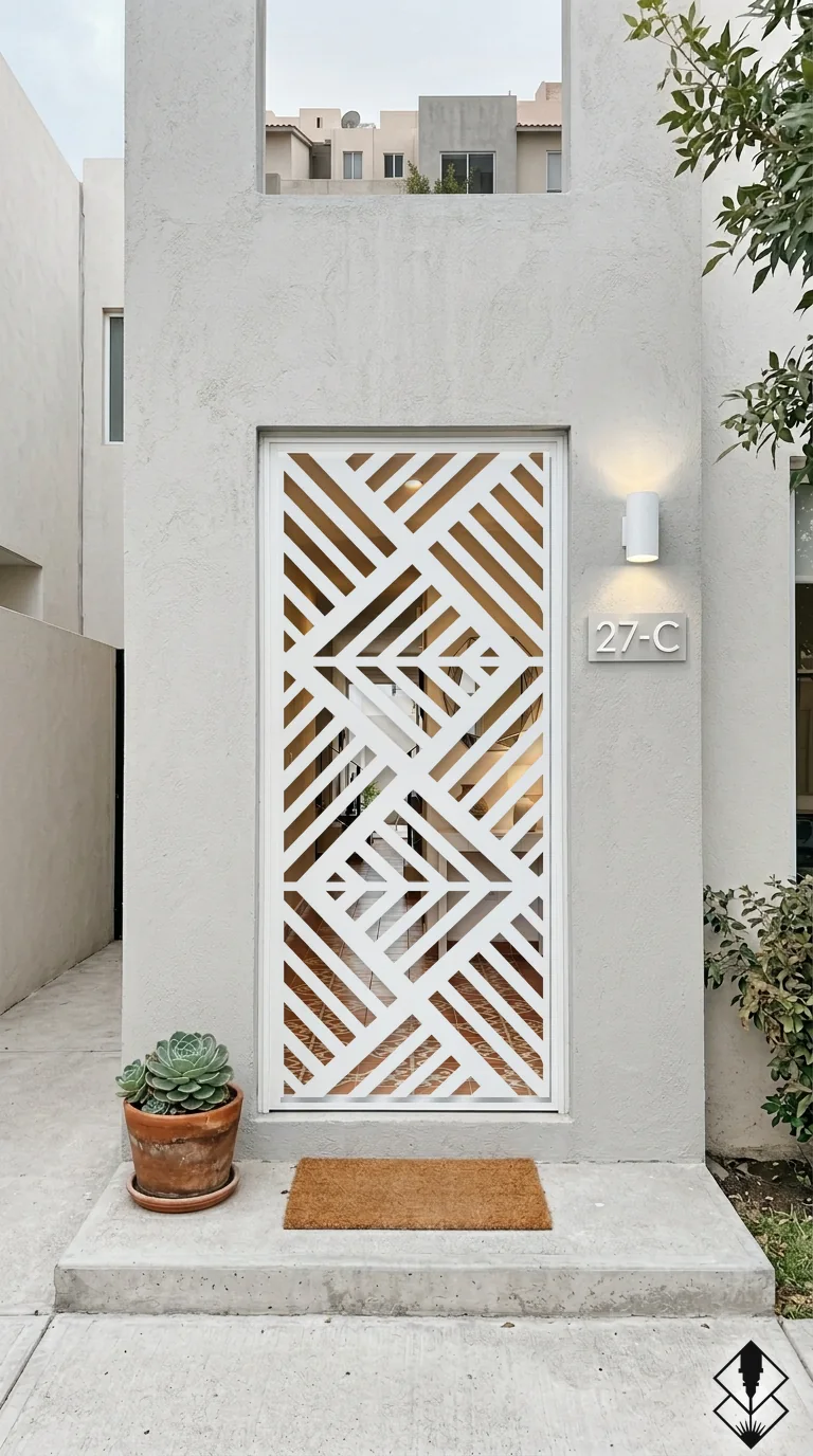 Celosía Bruselas en puerta blanco, corte láser CNC en acero · Prometeus