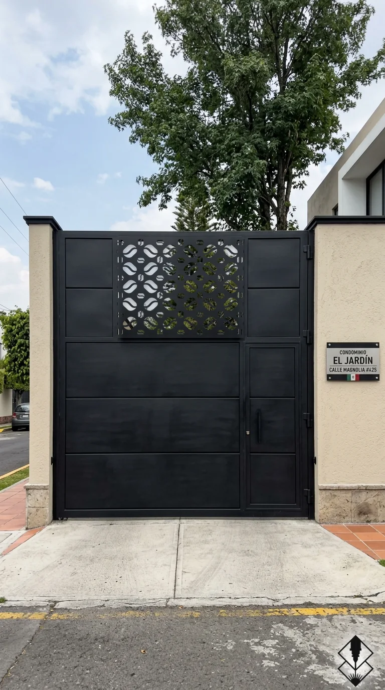 Celosía Cafeína en portón negro, corte láser CNC en acero · Prometeus