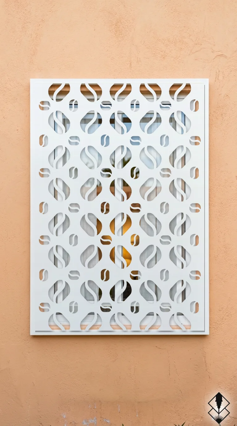 Celosía Cafeína en protección de ventana blanco, corte láser CNC en acero · Prometeus