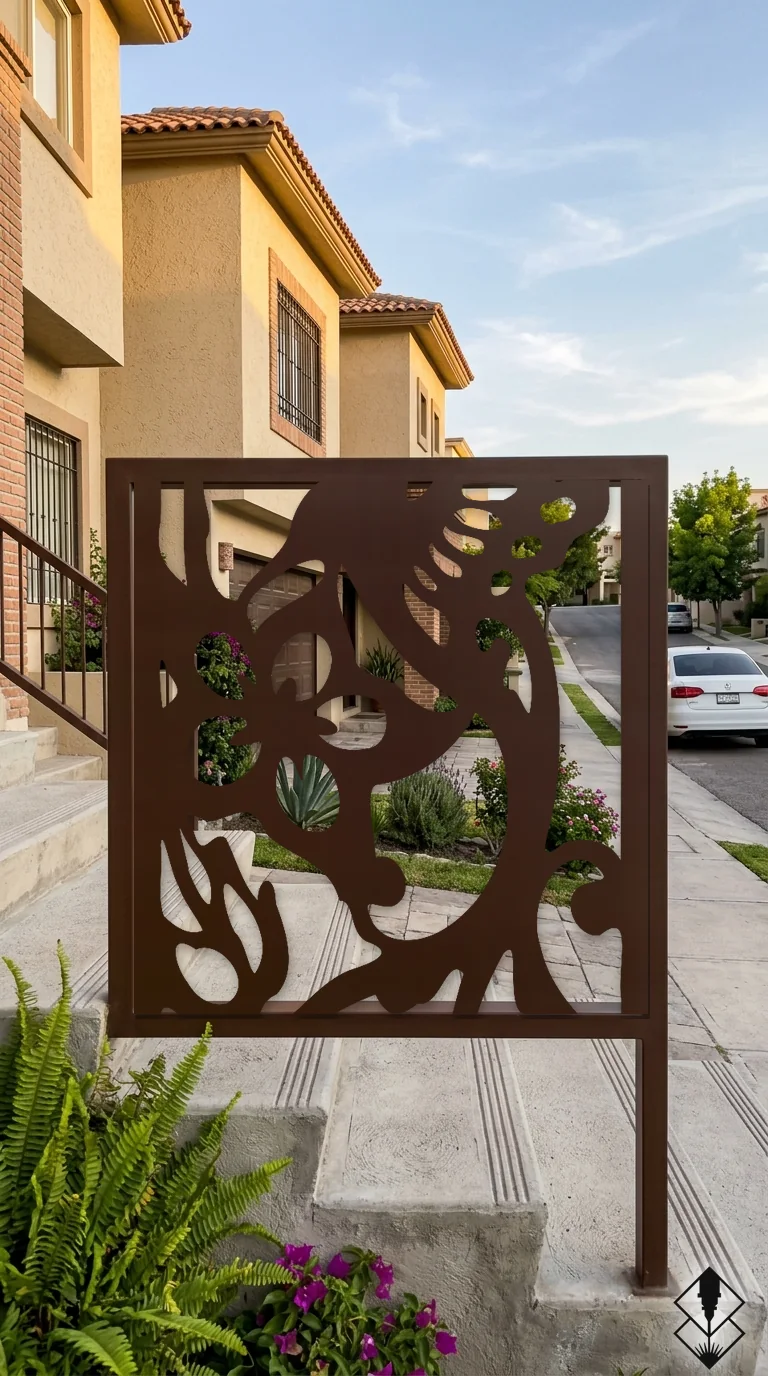 Celosía Colibri en barandal chocolate, corte láser CNC en acero · Prometeus