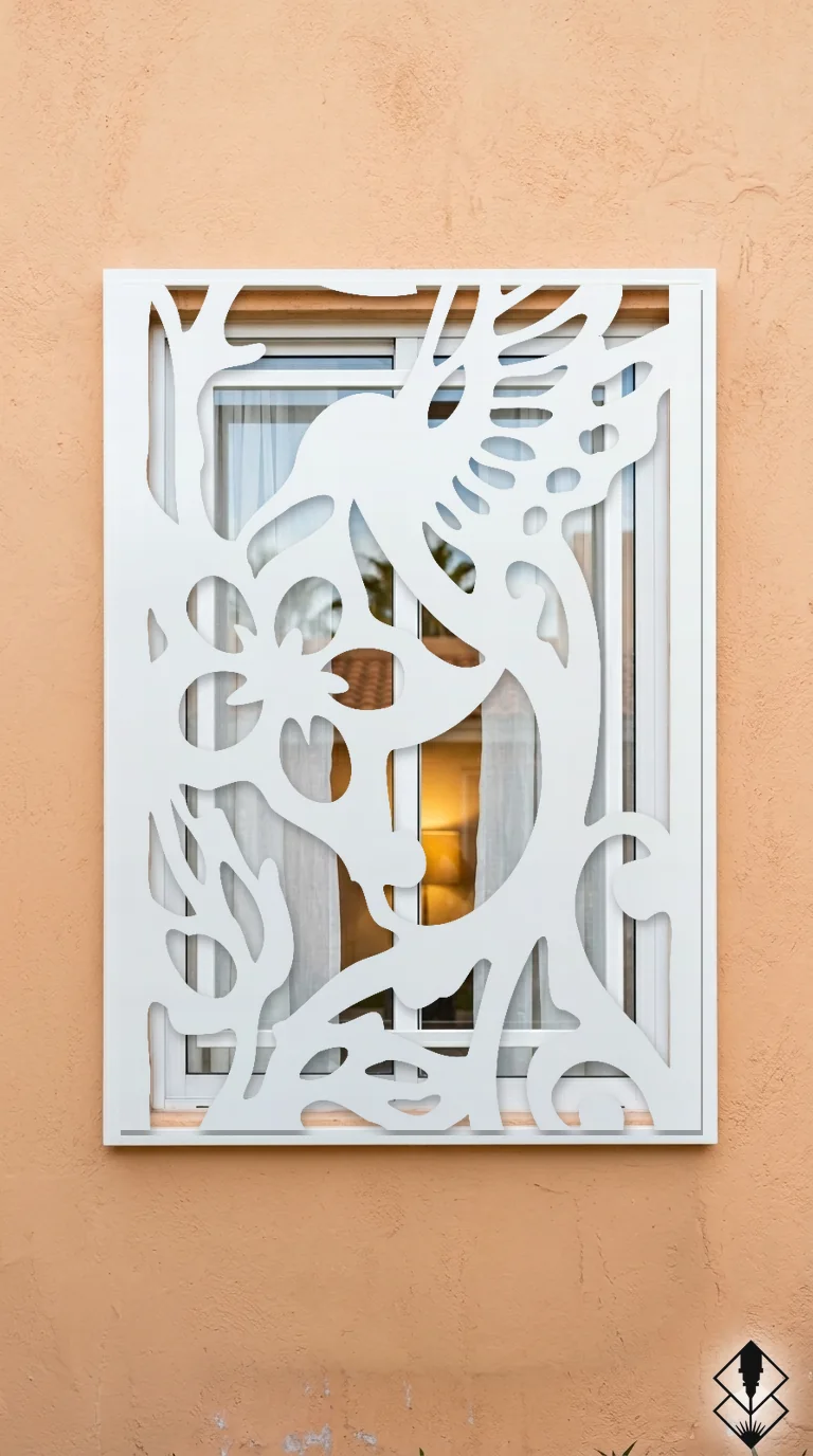 Celosía Colibri en protección de ventana blanco, corte láser CNC en acero · Prometeus