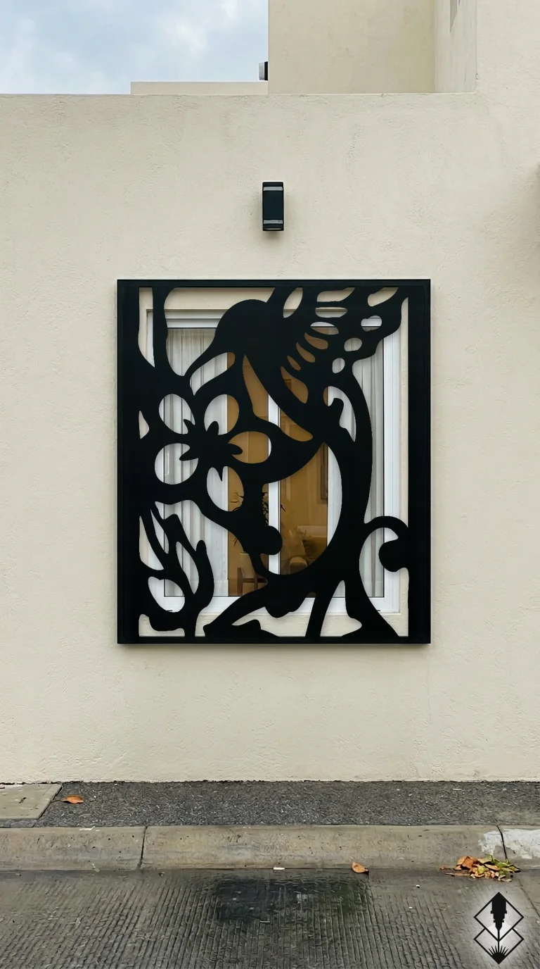 Celosía Colibri en protección de ventana negro, corte láser CNC en acero · Prometeus