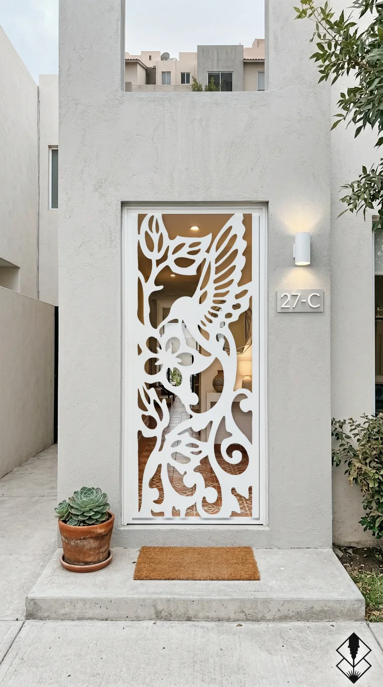 Celosía Colibri en puerta blanco, corte láser CNC en acero · Prometeus