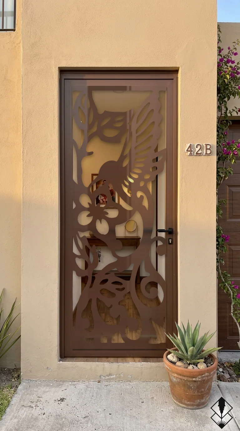 Celosía Colibri en puerta chocolate, corte láser CNC en acero · Prometeus