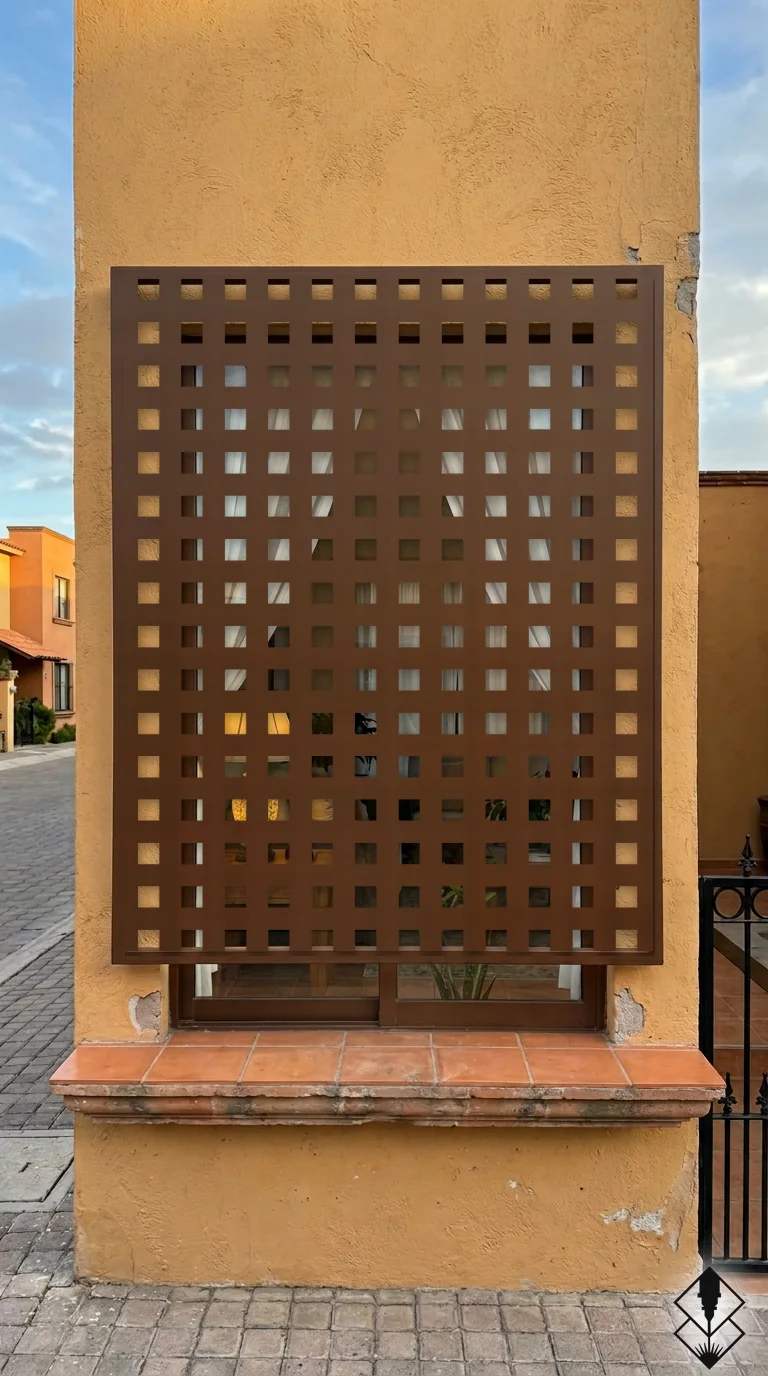 Celosía Cuadros en protección de ventana chocolate, corte láser CNC en acero · Prometeus