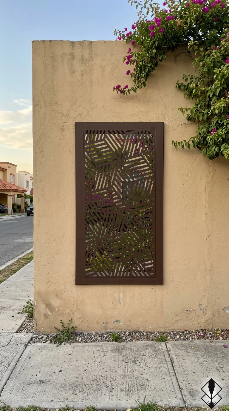 Celosía Cubos en mampara de exterior chocolate, corte láser CNC en acero · Prometeus