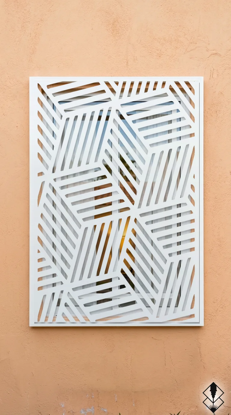 Celosía Cubos en protección de ventana blanco, corte láser CNC en acero · Prometeus