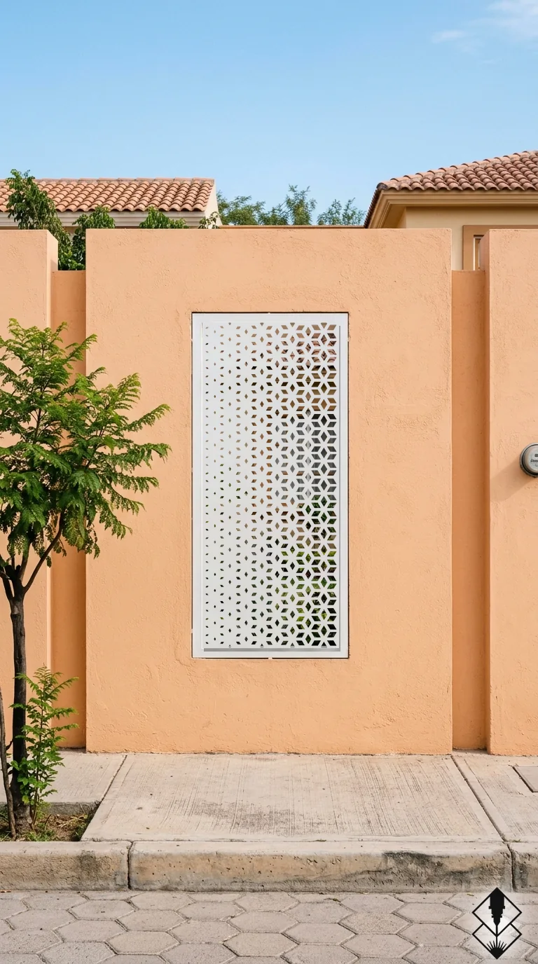 Celosía Degradado en mampara de exterior blanco, corte láser CNC en acero · Prometeus