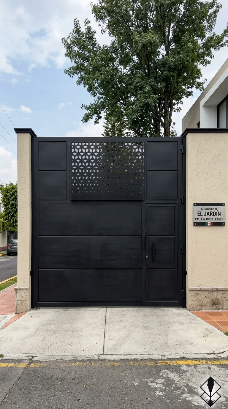 Celosía Degradado en portón negro, corte láser CNC en acero · Prometeus