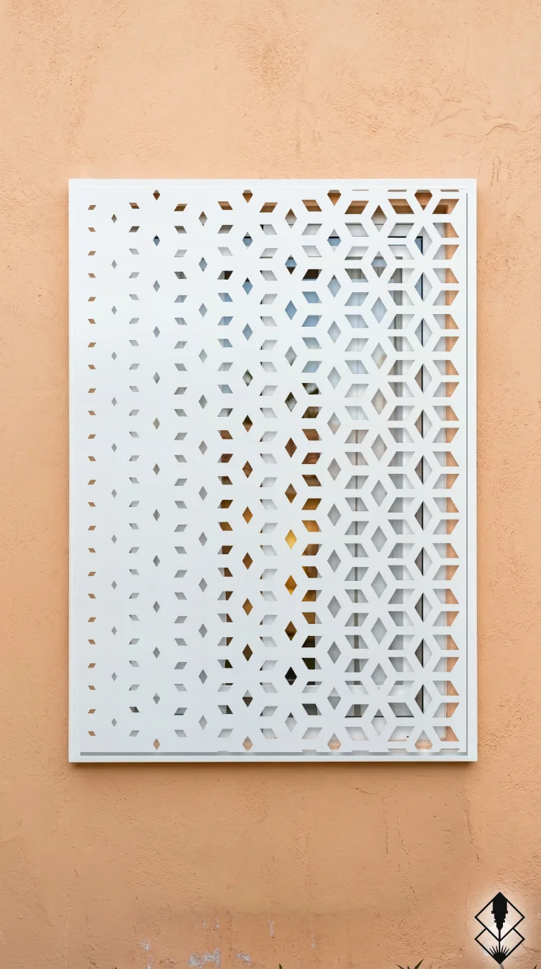 Celosía Degradado en protección de ventana blanco, corte láser CNC en acero · Prometeus