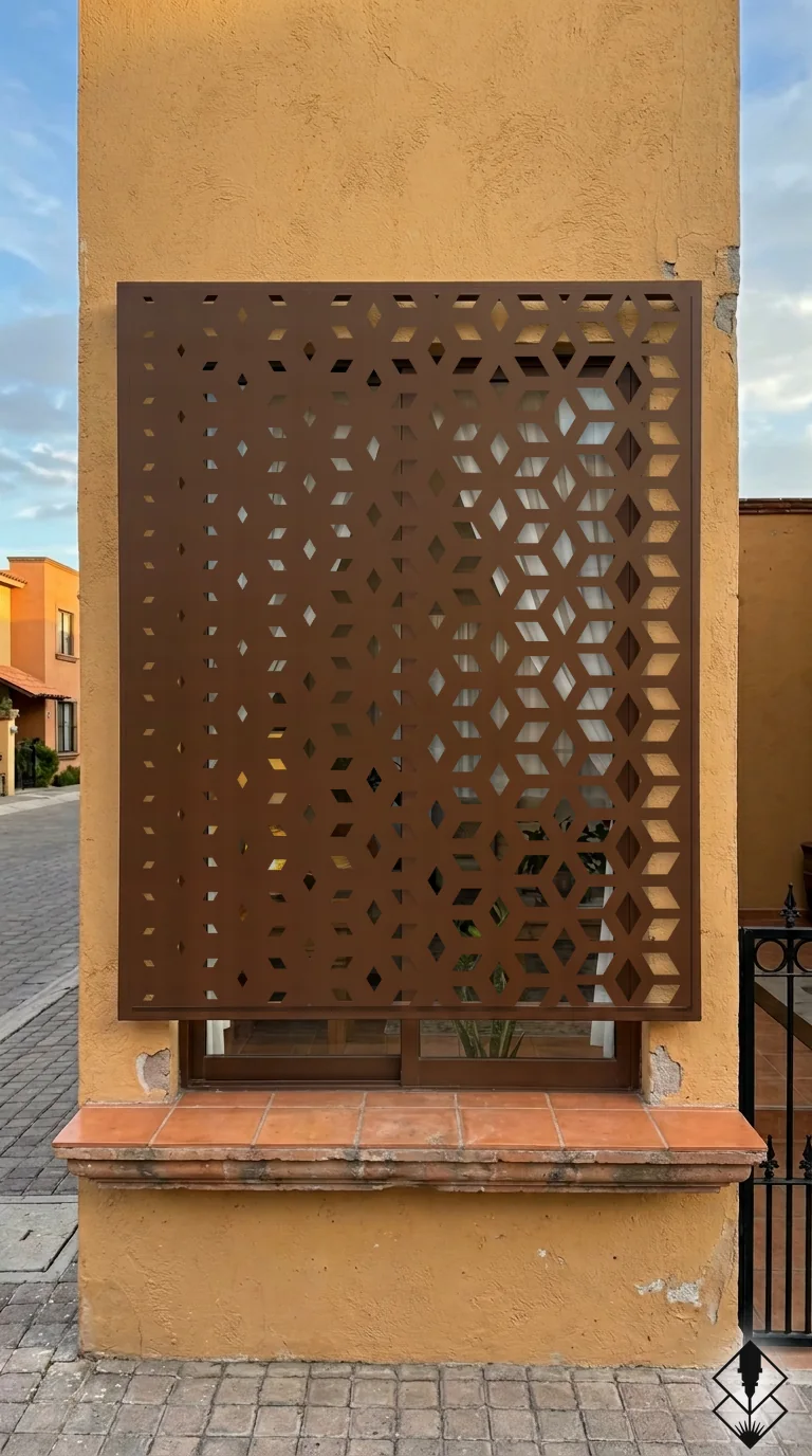 Celosía Degradado en protección de ventana chocolate, corte láser CNC en acero · Prometeus
