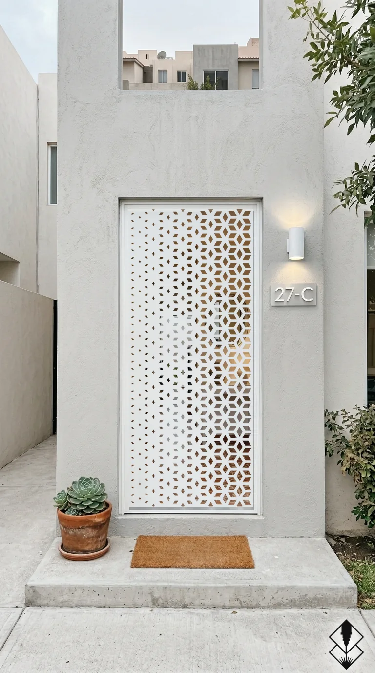 Celosía Degradado en puerta blanco, corte láser CNC en acero · Prometeus