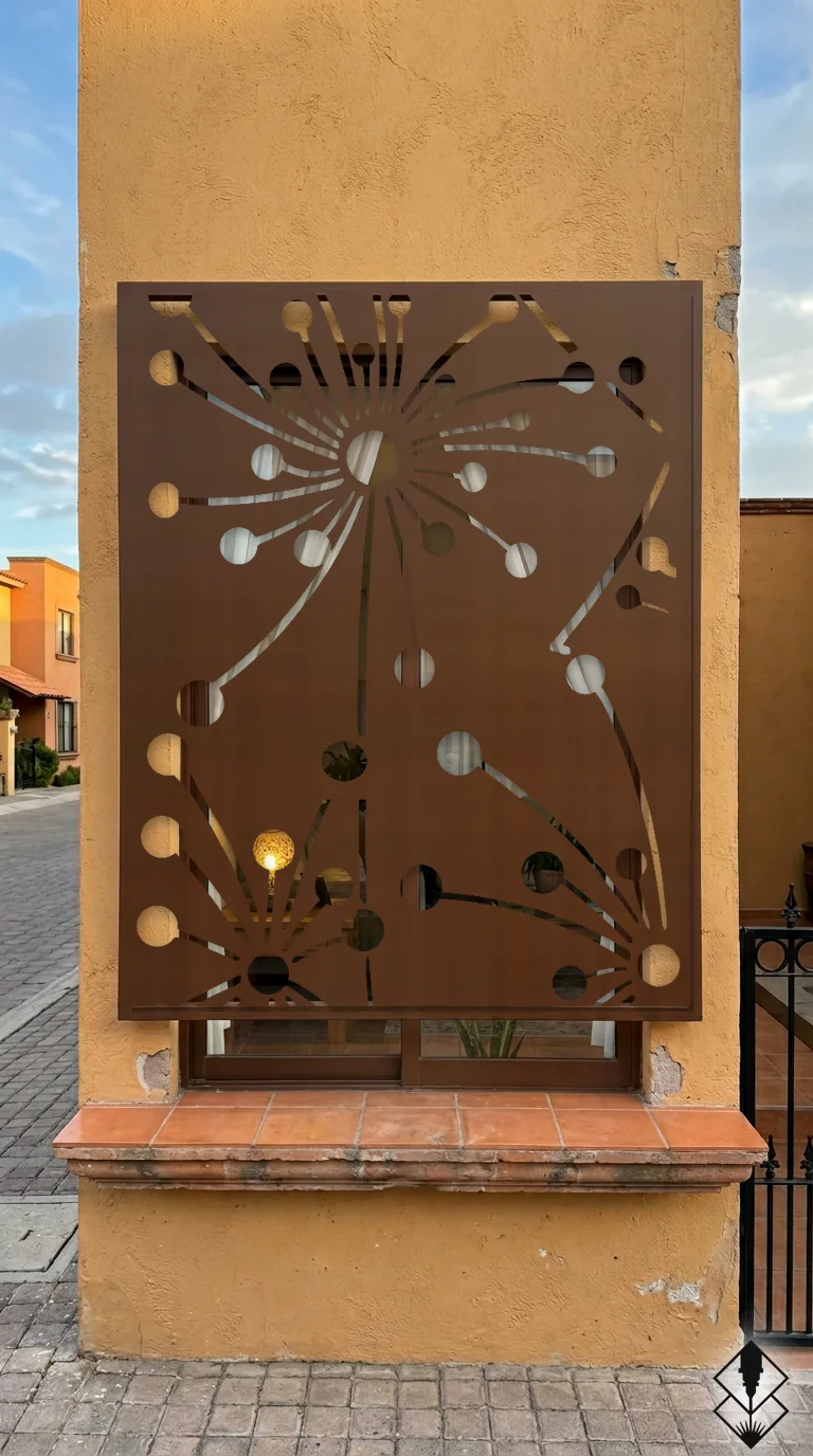 Celosía Diente Leon en protección de ventana chocolate, corte láser CNC en acero · Prometeus