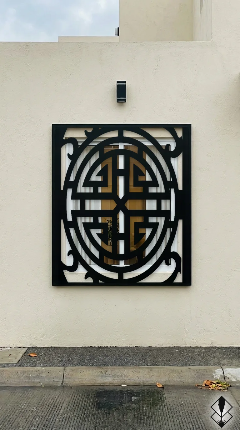 Celosía Dinastia en protección de ventana negro, corte láser CNC en acero · Prometeus