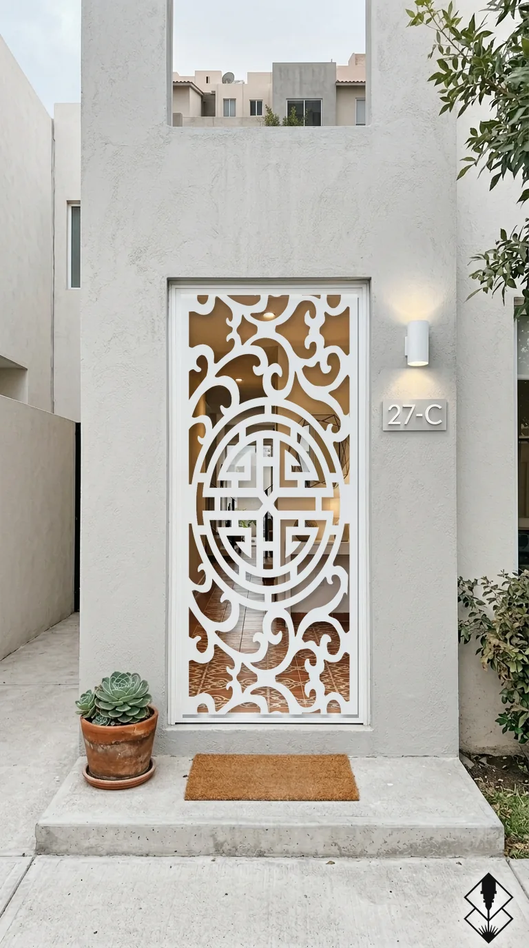 Celosía Dinastia en puerta blanco, corte láser CNC en acero · Prometeus