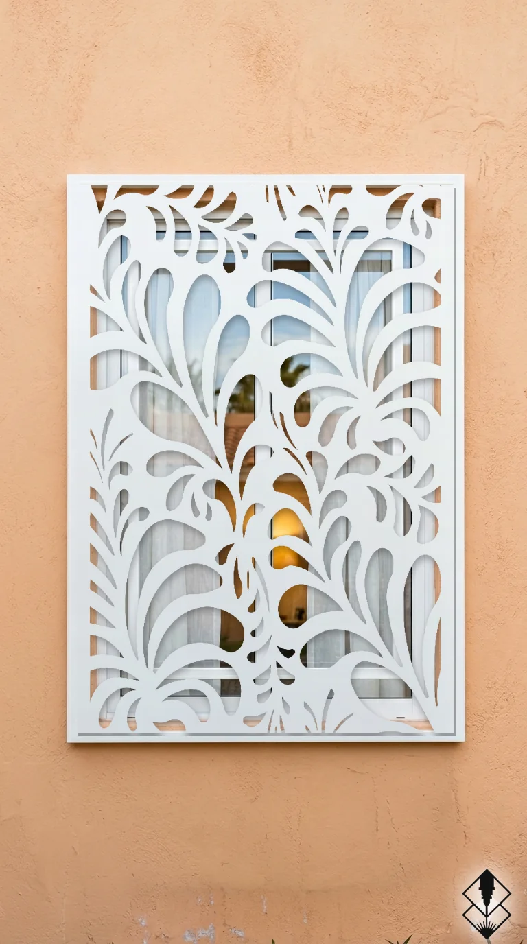 Celosía Echeverria en protección de ventana blanco, corte láser CNC en acero · Prometeus