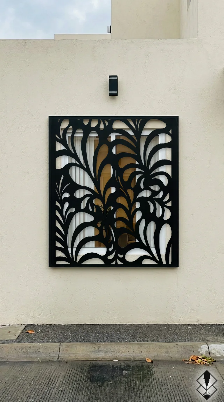 Celosía Echeverria en protección de ventana negro, corte láser CNC en acero · Prometeus