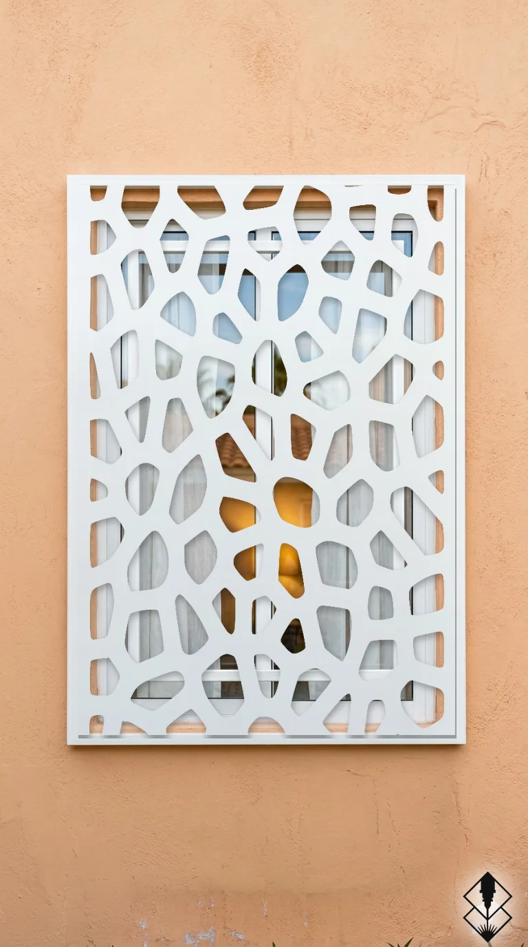 Celosía Erosion en protección de ventana blanco, corte láser CNC en acero · Prometeus