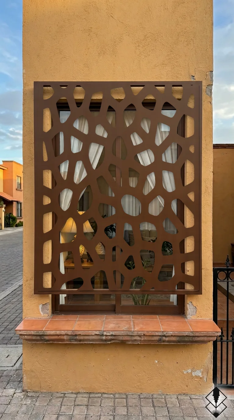 Celosía Erosion en protección de ventana chocolate, corte láser CNC en acero · Prometeus