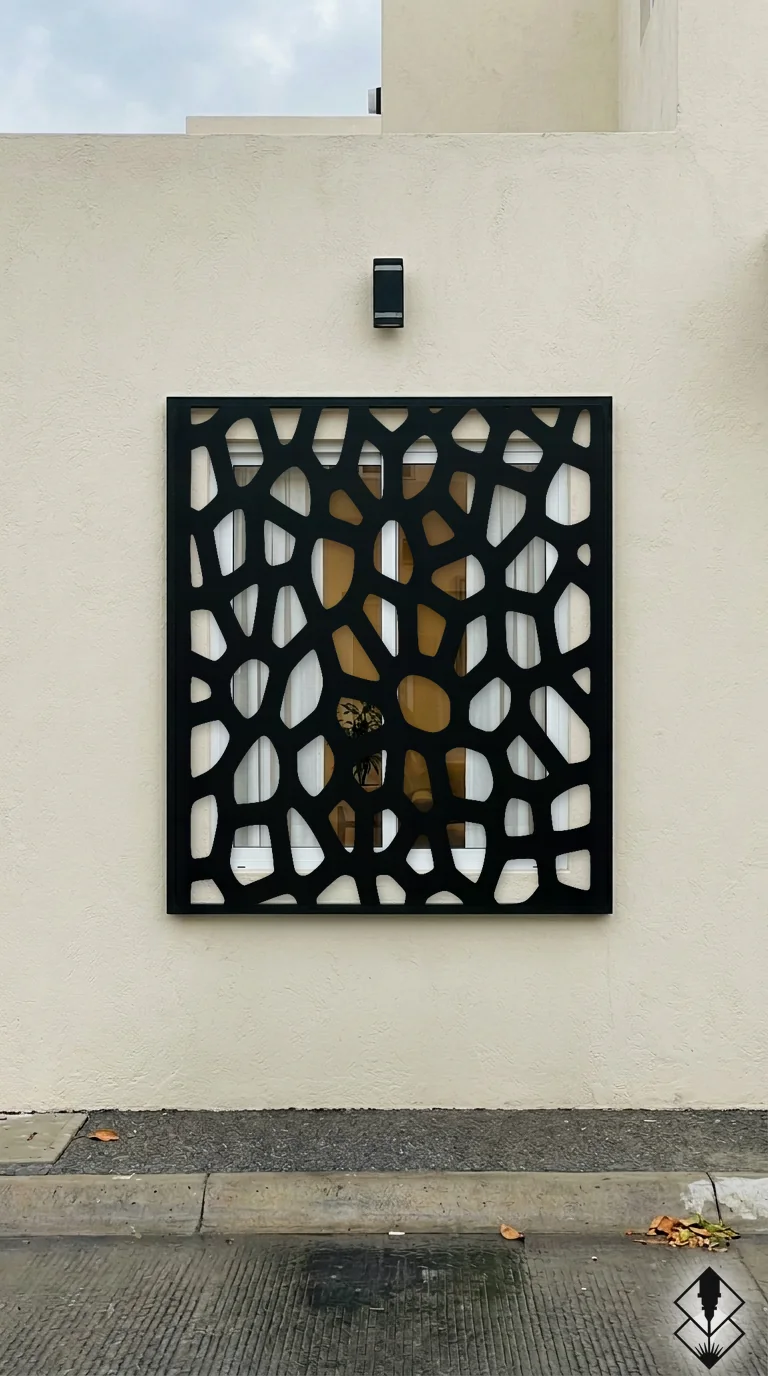 Celosía Erosion en protección de ventana negro, corte láser CNC en acero · Prometeus
